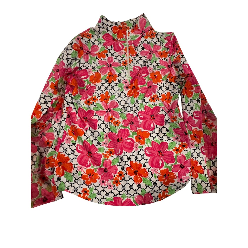 IBKUL Womens Floral Chain Print Quarter Zip Mock Neck Sun Shirt Pink Orange M